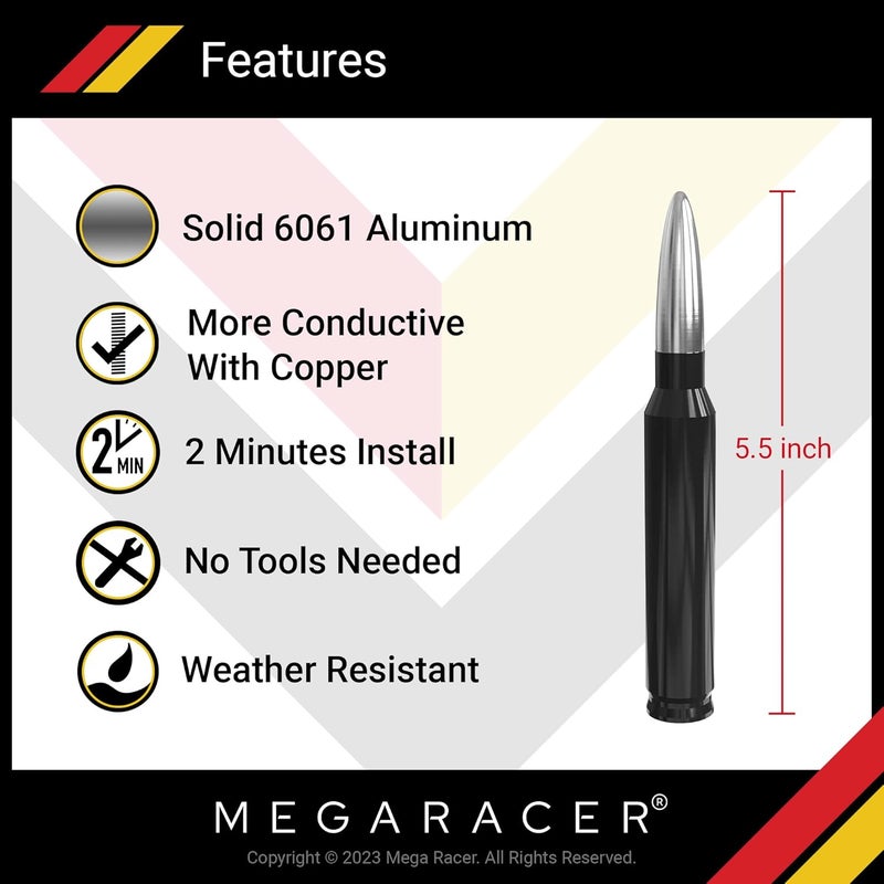 Mega Racer Universal 50 Cal Bullet Antenna for Truck Car SUV - 5.5 Inch Silver Black, AM/FM, 6061 Solid Aluminum, Car Wash Safe, Antenna Replacement, Truck Accessories - Image 2